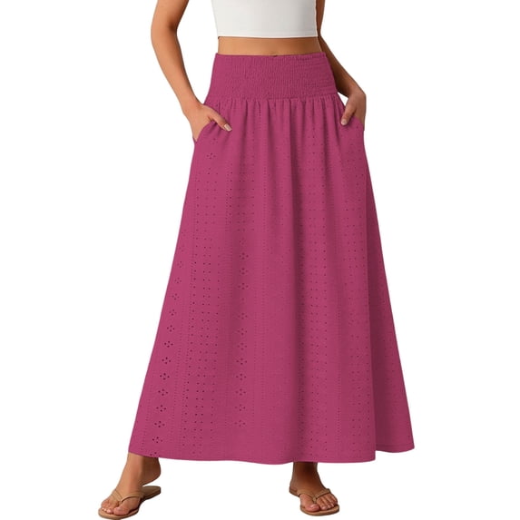Women's Cottagecore High Waisted Skirt Solid Color Lace-up Hollow Out Pleated Flowy Long Maxi for Party Wedding Guest Date Picnic Casual Weekend Outings Pink M