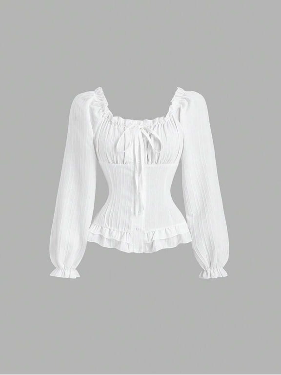 Women's Cottagecore Square Neck Blouse, Tie Front Ruffle Trim Long Sleeve Puff Sleeve Top, Cinched Waist Peplum Hem Shirt, Romantic Everyday Wear for Women