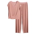 thumbnail image 1 of Women's Cotton 2 Piece Pajamas Sets Plus Size Striped Cap Short Sleeve Top and Wide Leg Pants 1X-8X Lounge Sleepwear (2XL, Pink), 1 of 4