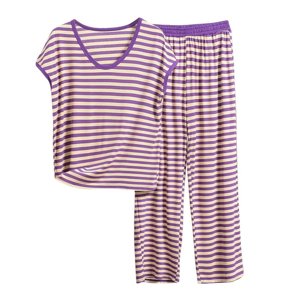 Women's Cotton 2 Piece Pajamas Sets Plus Size Striped Cap Short Sleeve Top and Wide Leg Pants 1X-8X Lounge Sleepwear (2XL, Purple 01)