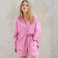 thumbnail image 1 of Women's Cotton 2-Piece Summer Set: Button-Down Shirt & High-Waist Shorts | Breezy Casual Outfit, 1 of 6