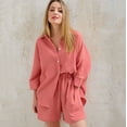 thumbnail image 1 of Women's Cotton 2-Piece Summer Set: Button-Down Shirt & High-Waist Shorts | Breezy Casual Outfit, 1 of 6