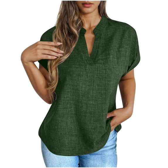 ZQUUVOU Women's Cotton And Linen Casual V-Neck Solid Color Short Sleeved Loose T-Shirt Top Short Sleeved V-Neck Top Olive Green
