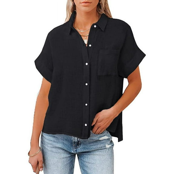 New Women's Cotton And Linen Short Sleeved Casual Side Slit Pocket Shirt