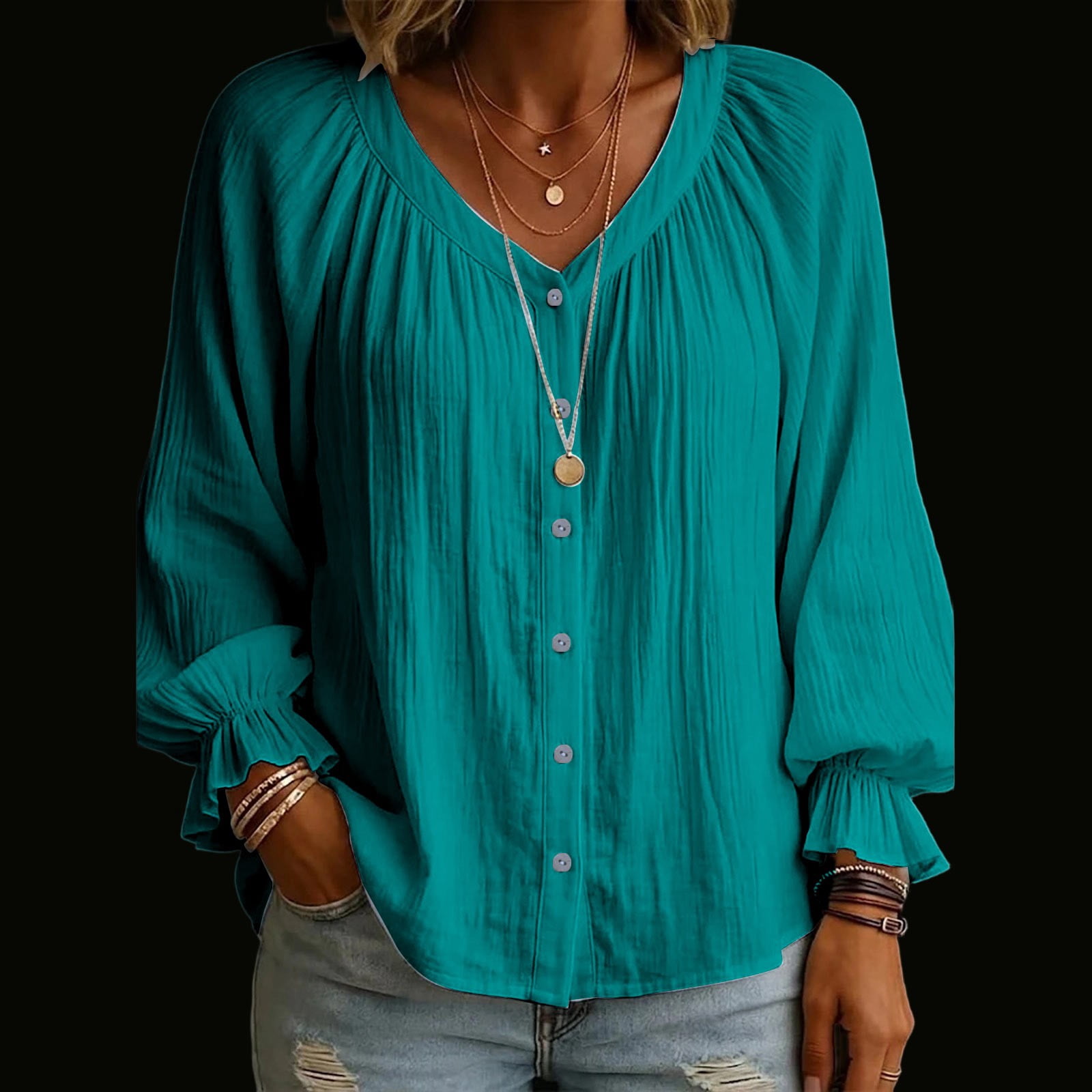 Women's Cotton And Linen Solid Color V-neck Pleated Puff Long-sleeved Ruffled Cuffs Button Pleated Casual Loose Top
