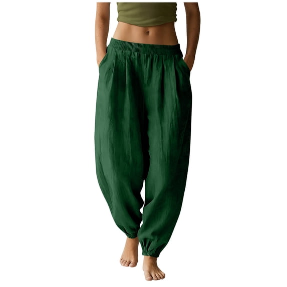 Women's Cotton Baggy Wide Leg Pants Balloon Boho High Waisted Elastic Loose Lightweight Palazzo Trousers with Pockets
