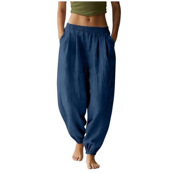 Women's Cotton Baggy Wide Leg Pants Balloon Boho High Waisted Elastic Loose Lightweight Palazzo Trousers with Pockets