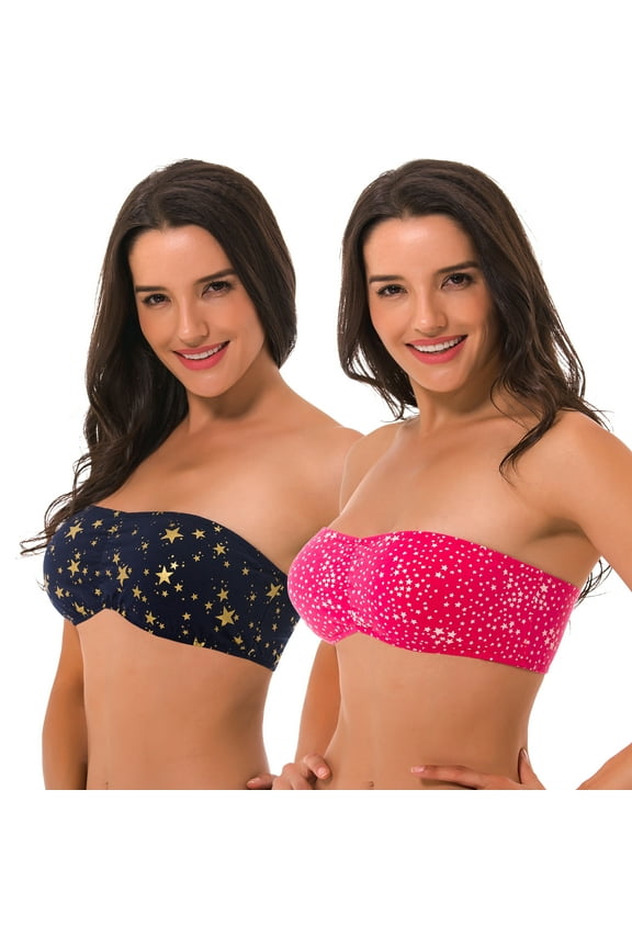 Women's Cotton Bandeau Wirefree Strapless Bra Crop Tube Top-2 Multi-Color Pack-RED,NAVY-S:32A 32B 32C 34A 34B