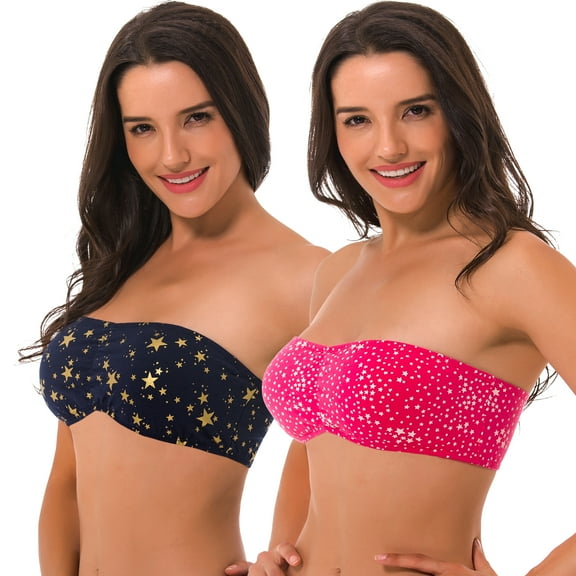 Women's Cotton Bandeau Wirefree Strapless Bra Crop Tube Top-2 Multi-Color Pack-RED,NAVY-S:32A 32B 32C 34A 34B