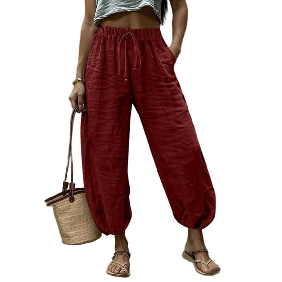 Women's Cotton Barrel Pants Drawstring High Waist Balloon Trousers Flowy Lightweight Summer Wide Leg pants with PocketsWine