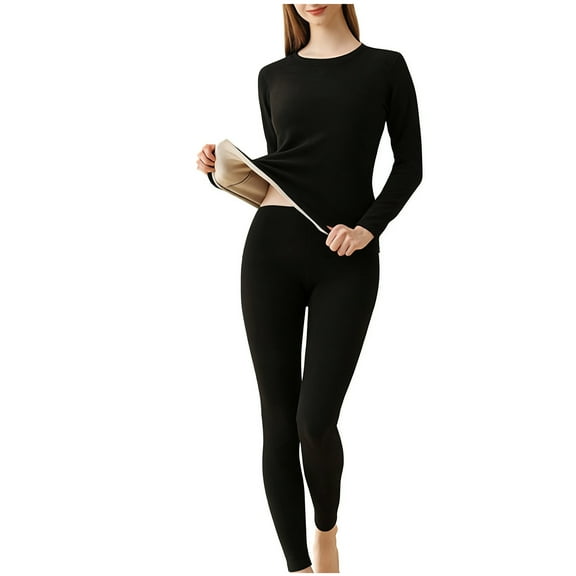 Women's Cotton Base Layer Set Lightweight Fleece Lined Thermal Warm Underwear Solid Long John Top & Bottom Sets