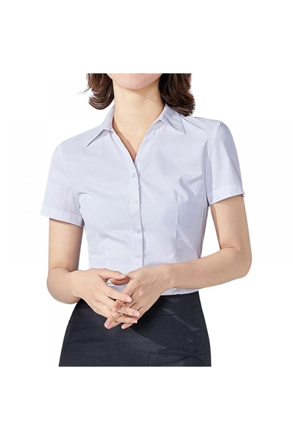 Women's Cotton Basic Simple Stretch Button Down Shirt Tailored Short Sleeve Blouse