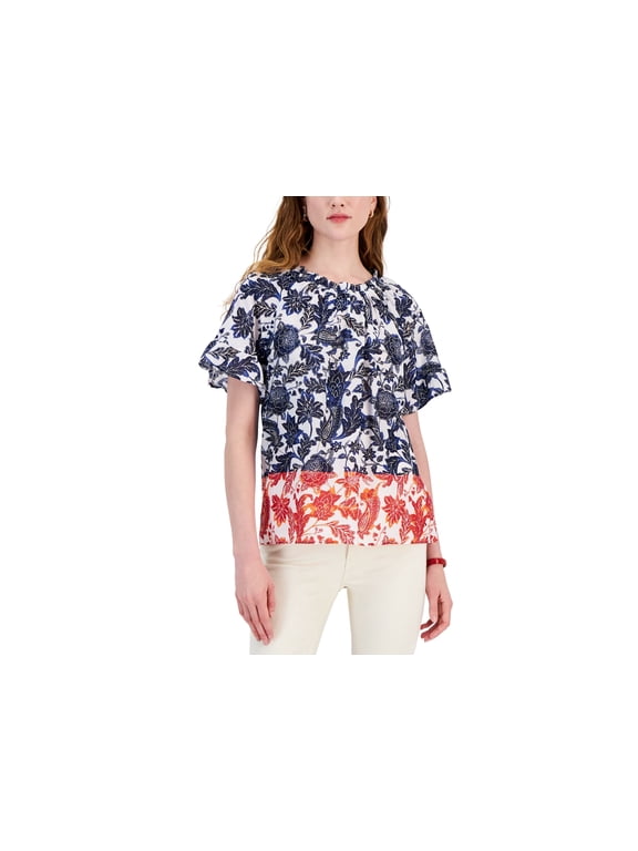 Women's Cotton Batik Printed Colorblocked Top Sky Captain Multi S