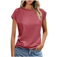 thumbnail image 1 of Women's Cotton Blend Cap Sleeve Tee Shirt Solid Color Loose Blouse Crew Neck Casual Tops Soft Fitted Summer T-Shirt Basic Pullover Sweater Beach Vacation Tees, 1 of 5