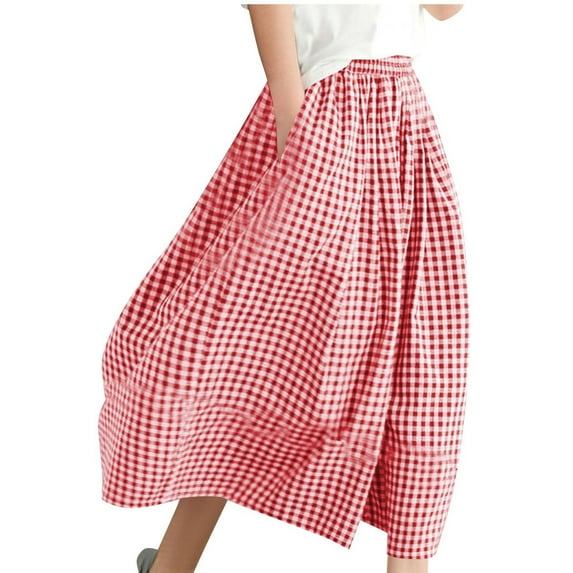 Women's Cotton Blend Cropped Pants Elastic Waist Plaid Gingham Wide Leg Capri Palazzo Pants with Pockets
