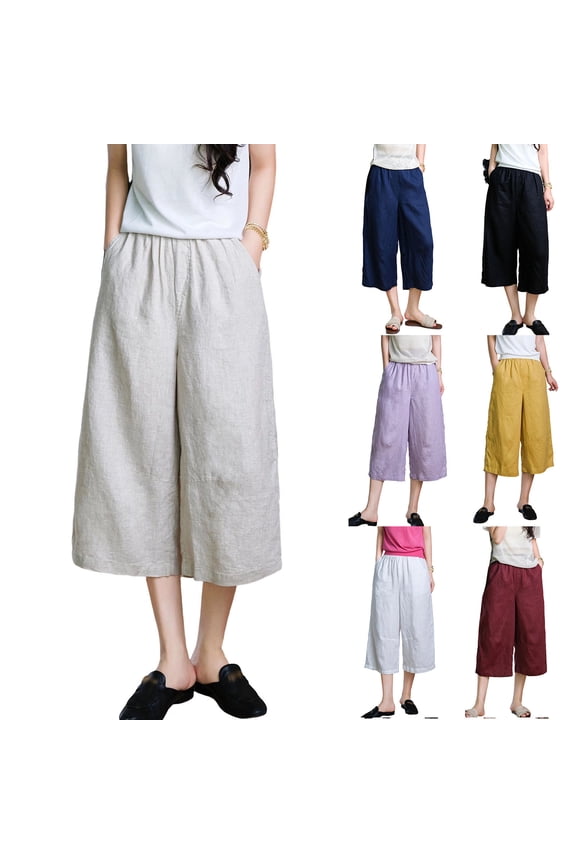 Women's Cotton Blend Culottes Elastic Waist Wide Leg Summer Pants, Loose Casual Trousers with Functional Pockets, Solid Color Pull-On Style for Daily Wear & | TruBelle,Beige L
