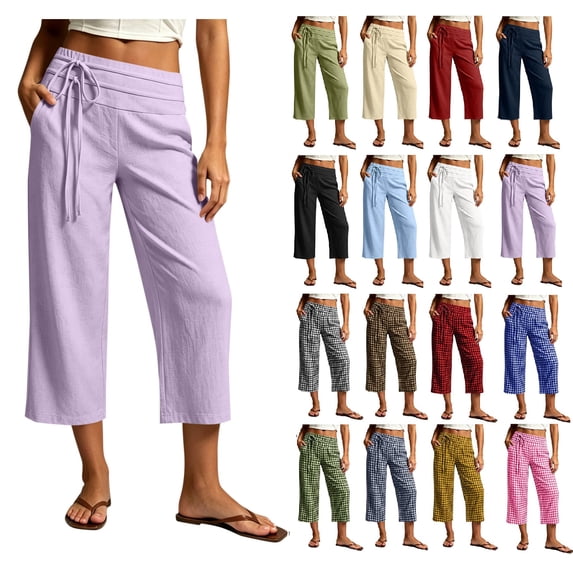 Women's Cotton Blend Drawstring Wide Leg Capri Pants with Side Pockets,Purple,Women's Capri L