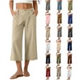 thumbnail image 1 of Women's Cotton Blend High Waisted Wide Leg Capri Pants,Casual Cropped Trousers with Pockets for Summer Wear,Beige,Women's Capri L, 1 of 7