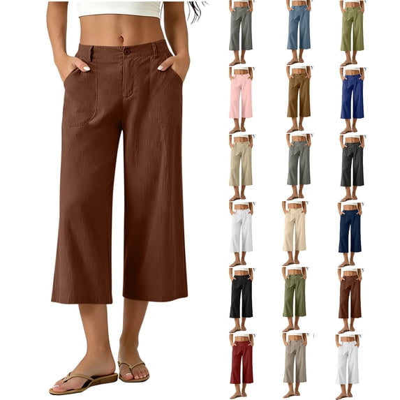 Women's Cotton Blend High Waisted Wide Leg Capri Pants,Casual Cropped Trousers with Pockets for Summer Wear,Brown,Women's Capri XL