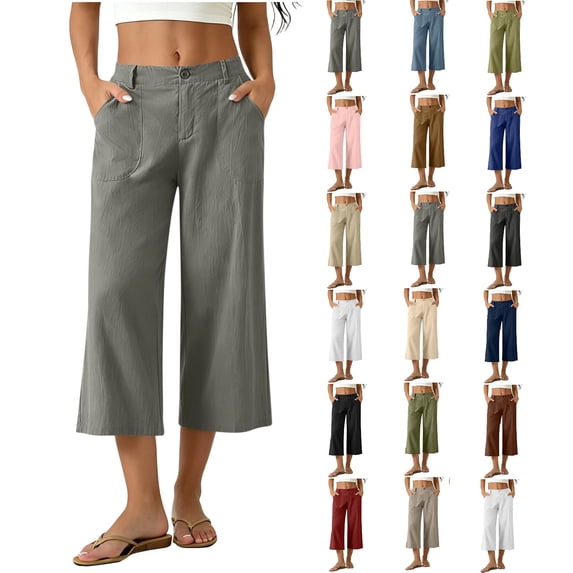 Women's Cotton Blend High Waisted Wide Leg Capri Pants,Casual Cropped Trousers with Pockets for Summer Wear,Gray,Women's Capri M