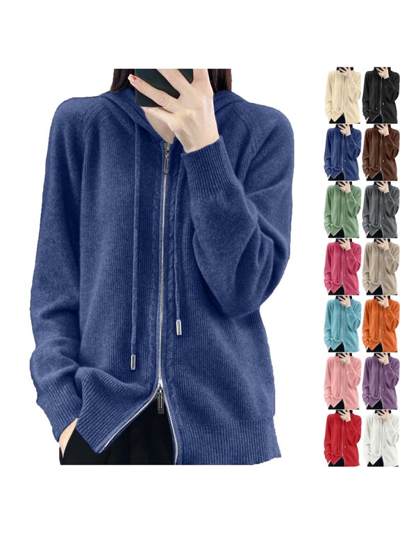 Women's Cotton Blend Knit Zip Up Hoodie Sweater Jacket Long Sleeve Drawstring Hooded Lightweight Cardigans for Fall Winter Travel Daily Outfits, Blue, L