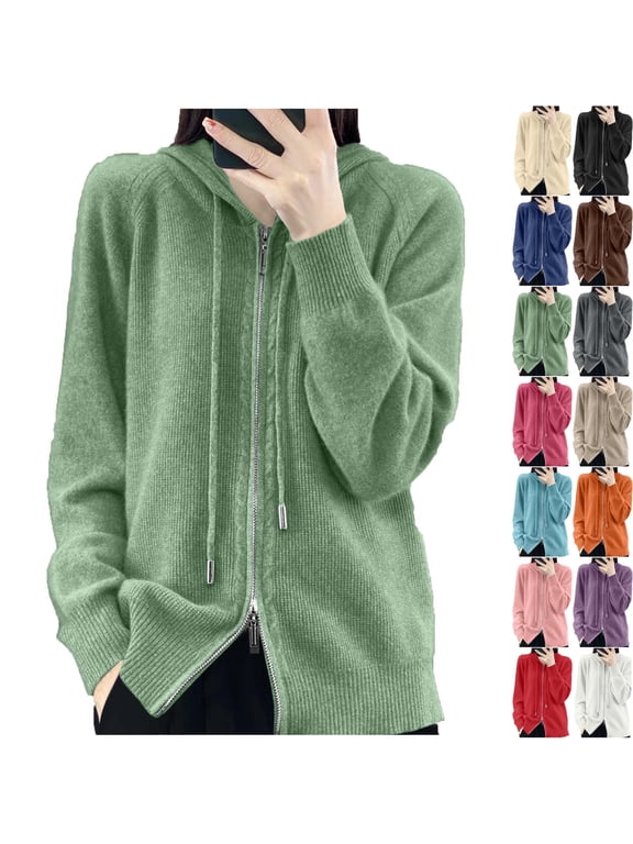 Women's Cotton Blend Knit Zip Up Hoodie Sweater Jacket Long Sleeve Drawstring Hooded Lightweight Cardigans for Fall Winter Travel Daily Outfits, Green, M