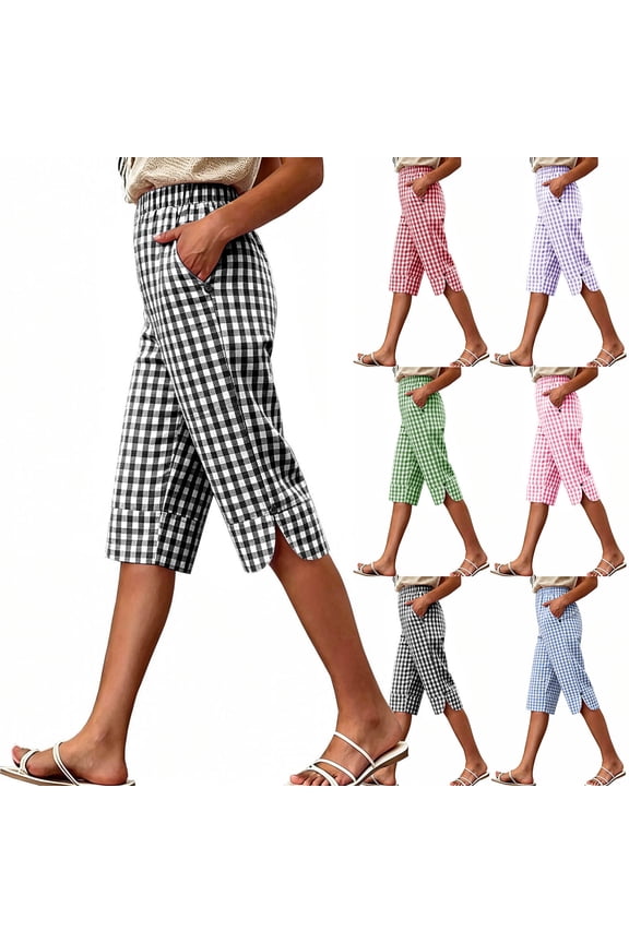 Women's Cotton Blend Linen Paper Bag Bermuda Shorts With Pockets, Elastic Waist Tummy Control, Flowy Loose Fit Mid Rise, Lightweight Comfortable Summer Checkered Casual Weekend