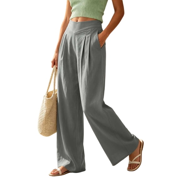 Women's Cotton Blend Pleated Straight Leg Pants, Elastic Waist, Side Pockets, Front Pleats, Relaxed Fit