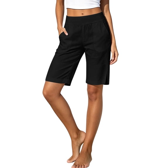 Women's Cotton Blend Solid Color Knee Length Shorts Elastic Waist Casual Summer Beach Shorts with Pockets Black S(S)