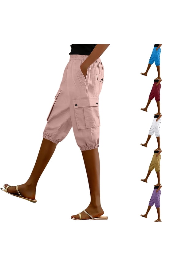 Women's Cotton Blend Straight Leg Capris, Elastic Waist with Button Front, Soft Comfortable Casual Bottoms for Daily Wear, Versatile for Work, Travel, and Active Lifestyle,