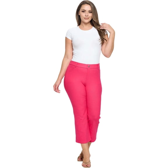 Womens Cotton Blend Straight Leg Cropped Pants with Pockets Fuchsia 3X-Large