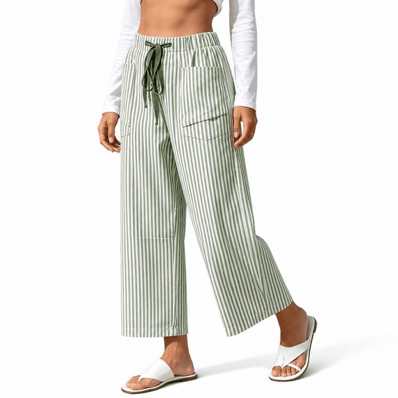 Women's Cotton Blend Striped Straight Leg Pants, Elastic Drawstring Waist, Side Pockets, Relaxed Fit