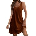 thumbnail image 1 of Women's Cotton Blend Tank Dress V Neck Sleeveless Tunic A Line Swing Knee Length Solid Casual Sundress with Pocket Brown,L, 1 of 5