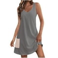 thumbnail image 1 of Women's Cotton Blend Tank Dress V Neck Sleeveless Tunic A Line Swing Knee Length Solid Casual Sundress with Pocket Gray,L, 1 of 5