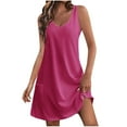 thumbnail image 1 of Women's Cotton Blend Tank Dress V Neck Sleeveless Tunic A Line Swing Knee Length Solid Casual Sundress with Pocket Hot Pink,XXL, 1 of 5