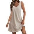 thumbnail image 1 of Women's Cotton Blend Tank Dress V Neck Sleeveless Tunic A Line Swing Knee Length Solid Casual Sundress with Pocket Khaki,L, 1 of 5