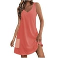 thumbnail image 1 of Women's Cotton Blend Tank Dress V Neck Sleeveless Tunic A Line Swing Knee Length Solid Casual Sundress with Pocket Orange,M, 1 of 5