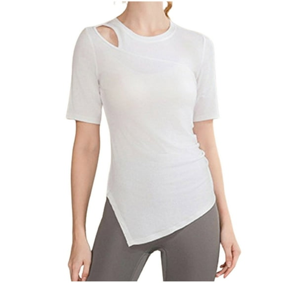 Women's Cotton Blend Tops Slim Fitted Crew Neck Short Sleeve Sports Yoga Shirts Summer Soft Breathable Blouses (L, White)