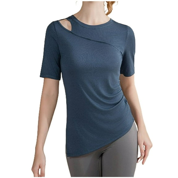Women's Cotton Blend Tops Slim Fitted Crew Neck Short Sleeve Sports Yoga Shirts Summer Soft Breathable Blouses (M, Blue)
