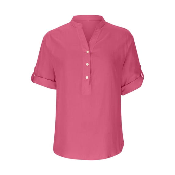 Women's Cotton Blend Tops V Neck Button down Summer Short Sleeve Shirts Casual Soft Comfortable Blouses (M, Pink)