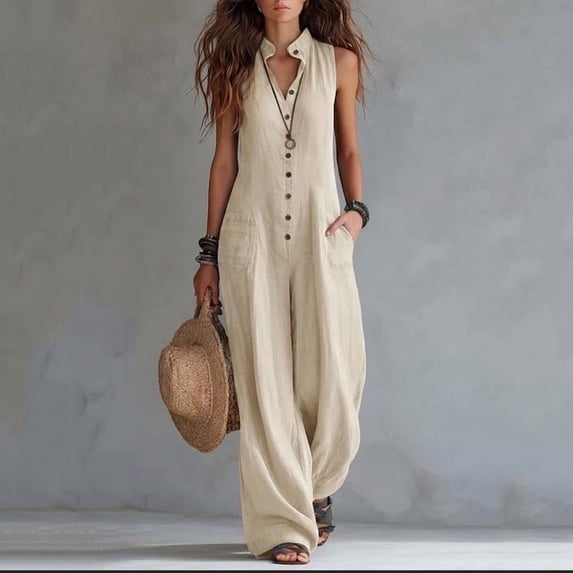 Women's Cotton Breathable Casual Jumpsuit, V-Neck Sleeveless Button Front, Solid Color, Loose Fit, Elastic Waist Design, Versatile Work & Weekend Outings, Ladies Soft | VerBelle,Khaki L