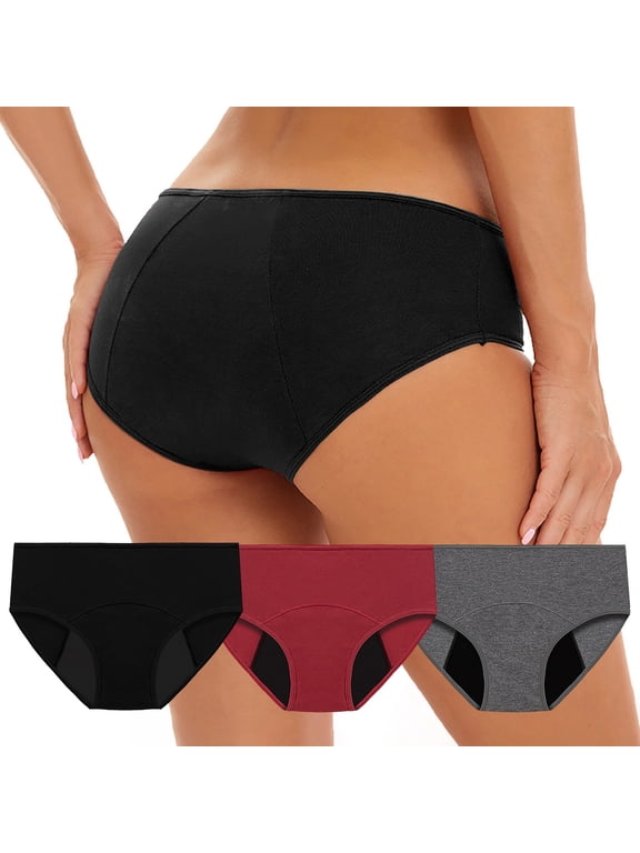Women's Cotton Brief Solid Color Large Size Leak Proof Conservative Waist Physiological Pants Polyester 3Pc Black Size Xs-3Xl Women's Panties