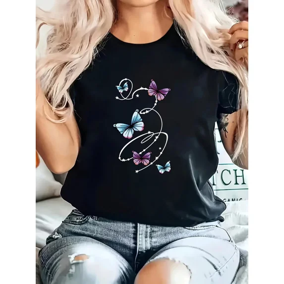 Women's Cotton Butterfly Print Short Sleeve Regular Fit Round Neck T-Shirt
