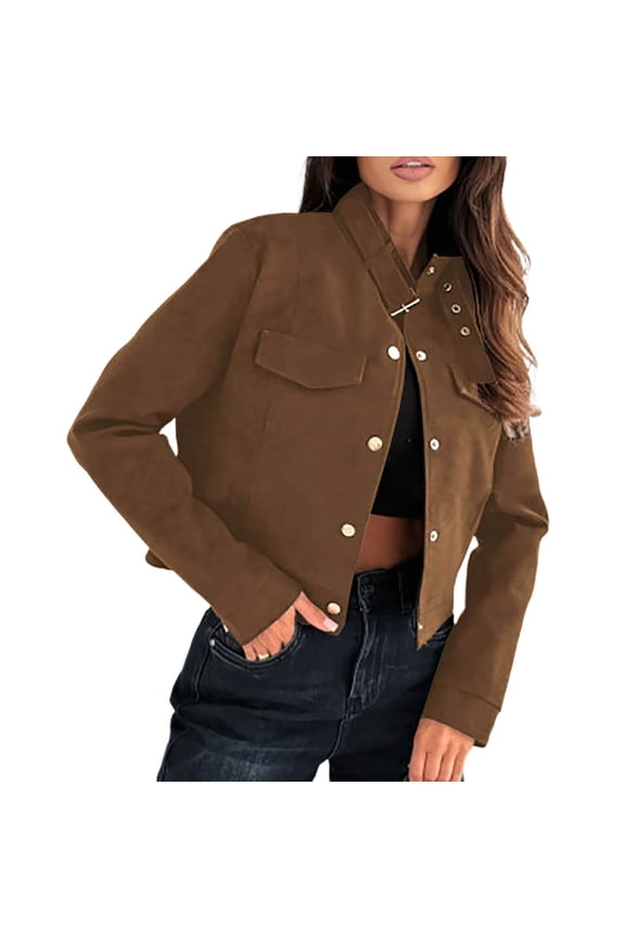 Women's Cotton Button Down Jacket Long Sleeve Stand Collar Cropped Coat Solid Color Casual Fashion Outerwear with Pocket