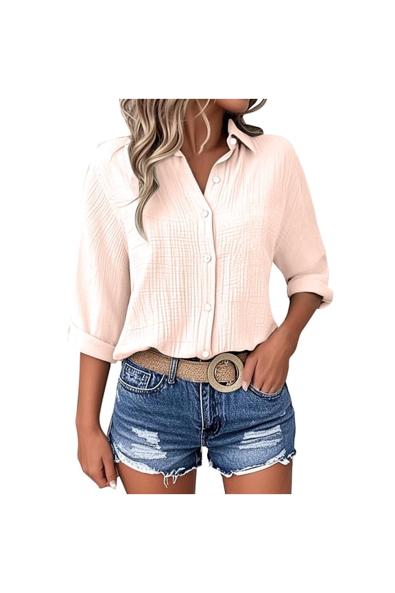Women's Cotton Button Up Shirt with Rolled Sleeves And 7 Inch Sleeves Women's Summer Casual V Neck Beach Cotton Top Pink Women Blending Shirts Women Shirts(XL)