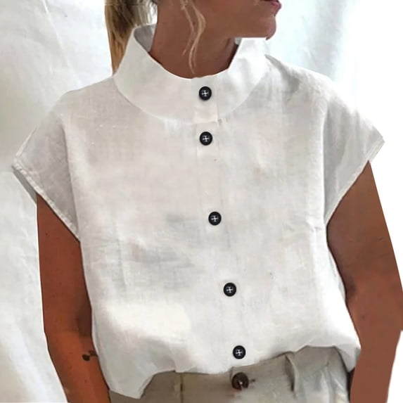 Women's Cotton Button Up High Neck Short Sleeve Shirt Blouse Top Loose Fit Casual Spring Summer Solid Color Tunic | CSEONE,White L