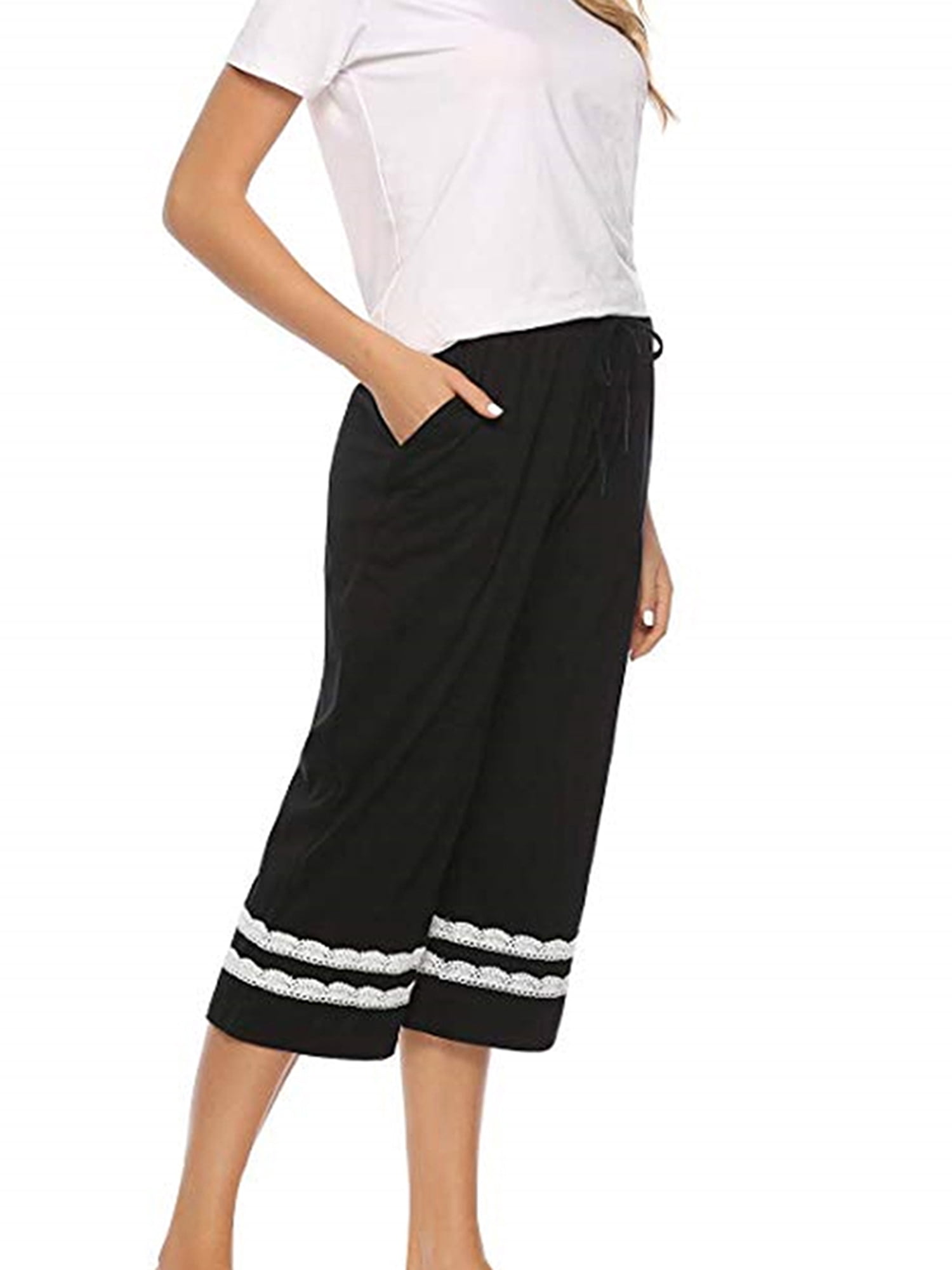 Women's Cotton Capri Pajama Pants Lounge Causal Bottoms Striped