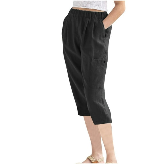 Women's Cotton Capri Pants Vintage Casual Summer Lounge Capris High Waist Pull-on Beach Pants for Outing Holiday