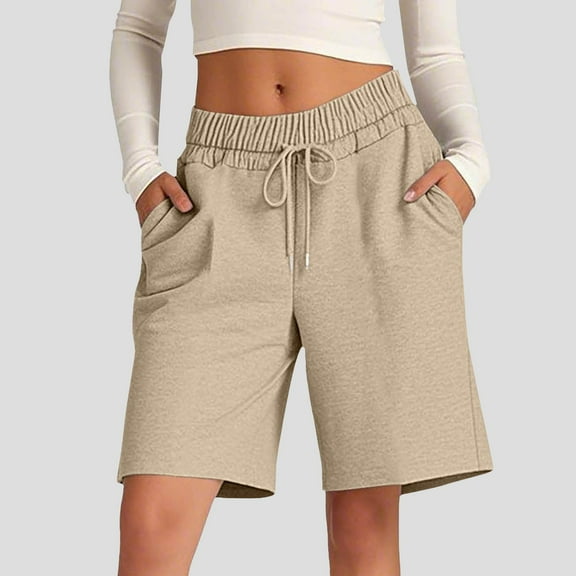Women's Cotton Casual Shorts with Drawstring - Solid Color Loose Fit Comfortable Sports Pants for Daily Wear & Entertainment Khaki S-2XL