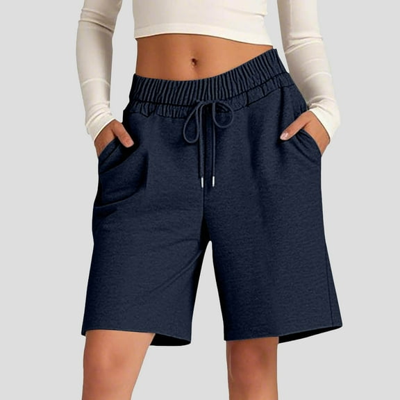 Women's Cotton Casual Shorts with Drawstring - Solid Color Loose Fit Comfortable Sports Pants for Daily Wear & Entertainment Navy S-2XL